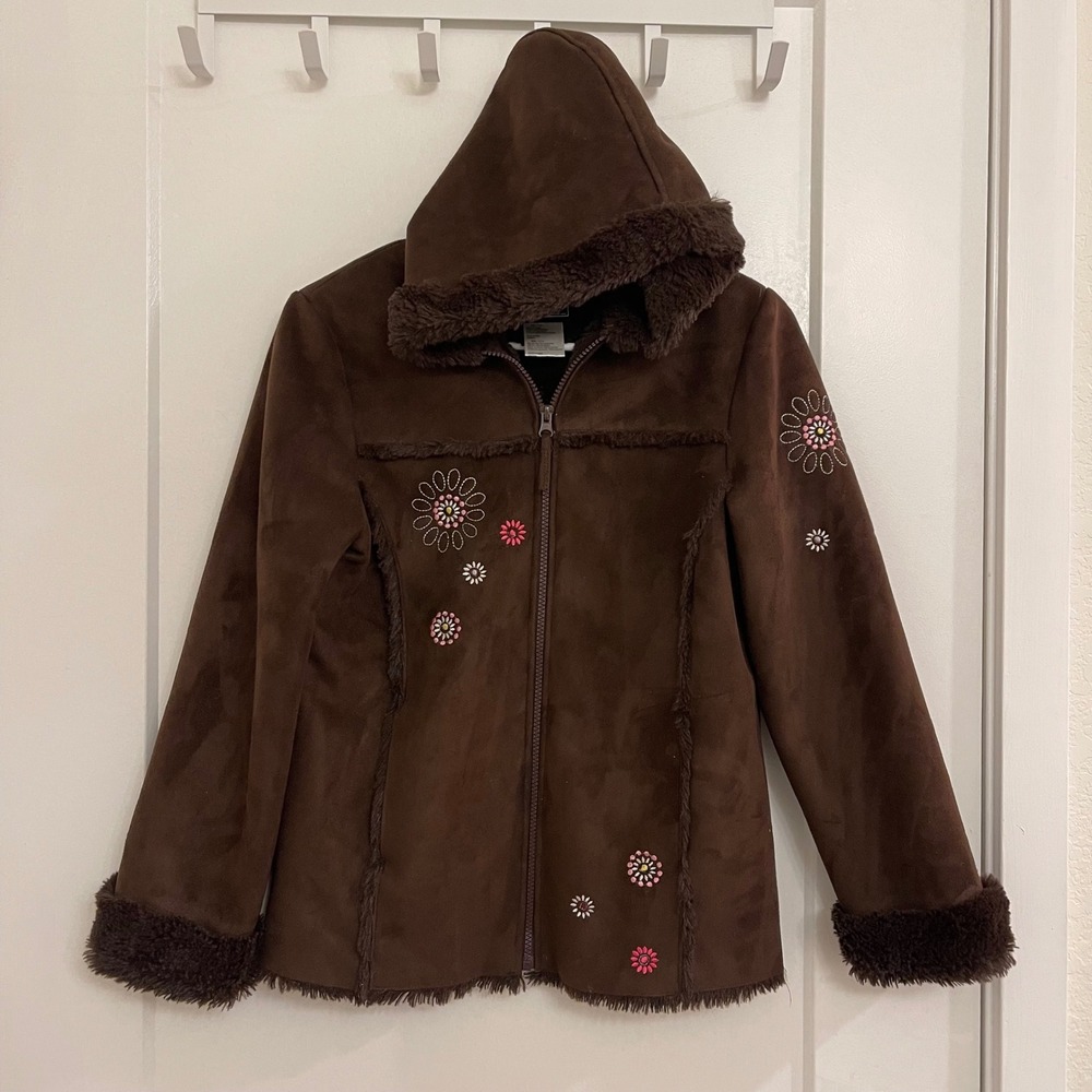 Vintage Y2K Rothschild Girls Brown Faux Suede Fur Coat Embroidered Floral